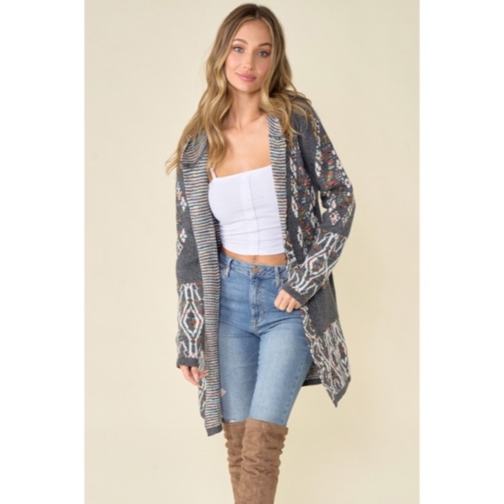 SOLD OUT Gray Aztec Tribal Rainbow Western Hooded Knit Open Cardigan Long Sleeve - Picture 2 of 9